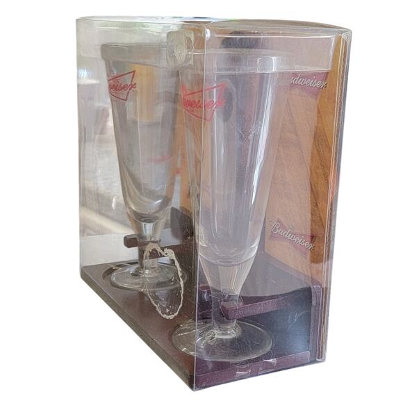 Budweiser Wooden Bar Stand & 2 Pilsner Glasses Bottle Opener 2006 Gift Christmas - Picture 4 of 9